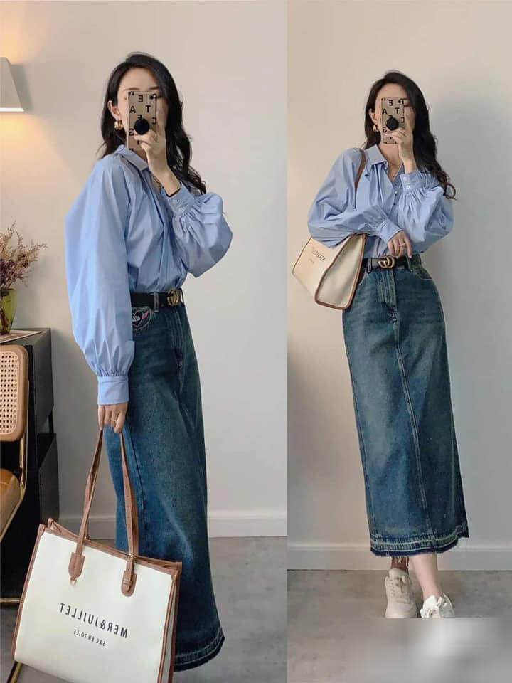 Diện chân váy denim đến công sở - Ảnh 1. Diện chân váy denim đến công sở - Ảnh 1.